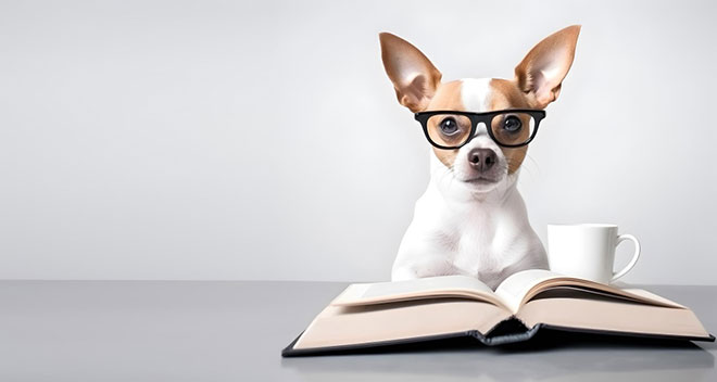 Älykkäimmät koirarodut. Kuvassa kirjaa silmälasit päässä lukeva viisas chihuahua.