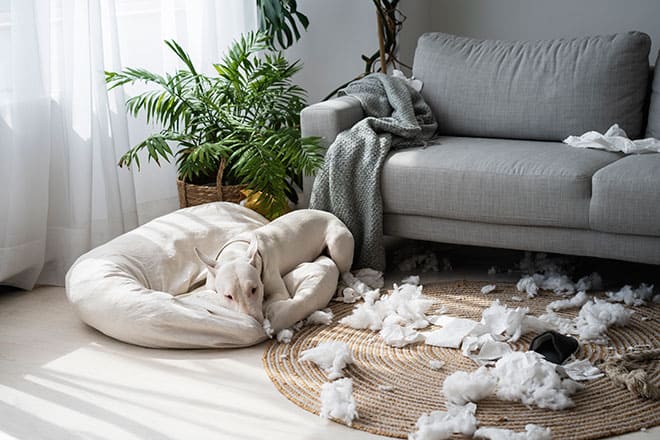 Koiranpedissä makaava valkoinen koira vierellään tuhottu tyyny.