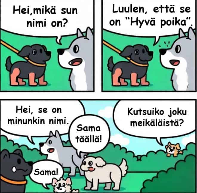 Sarjakuvassa koirat luulevat nimensä olevan "Hyvä poika" ja huudahtavat iloisesti samaa nimeä kuullessaan.