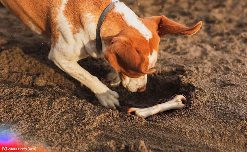 Miksi koirat piilottavat ruokaa ja herkkuja? Kuvassa luuta hautaava keskikokoinen koira.